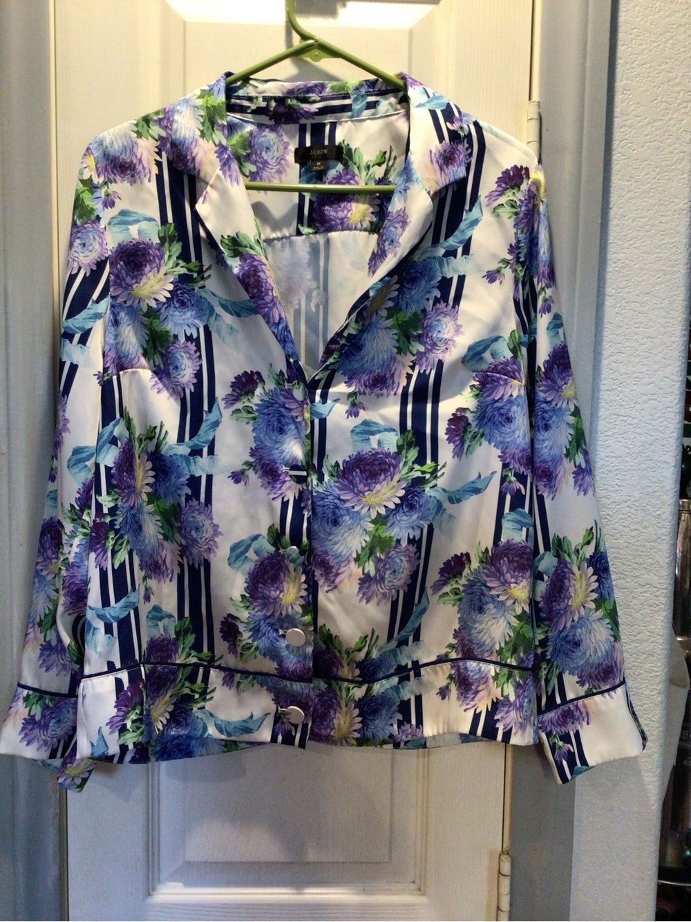 J. Crew Floral Satin Button-Front Blouse in Purple, Blue & White